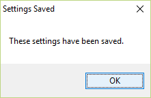 Pop-up confirming that settings were saved.